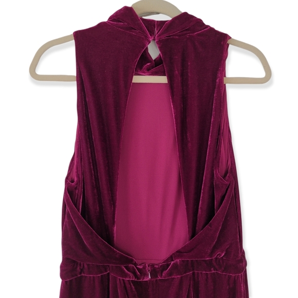 REISS JOAN Berry Red Sleeveless Open Back High Neck Velvet Straight Leg Jumpsuit - Picture 7 of 16